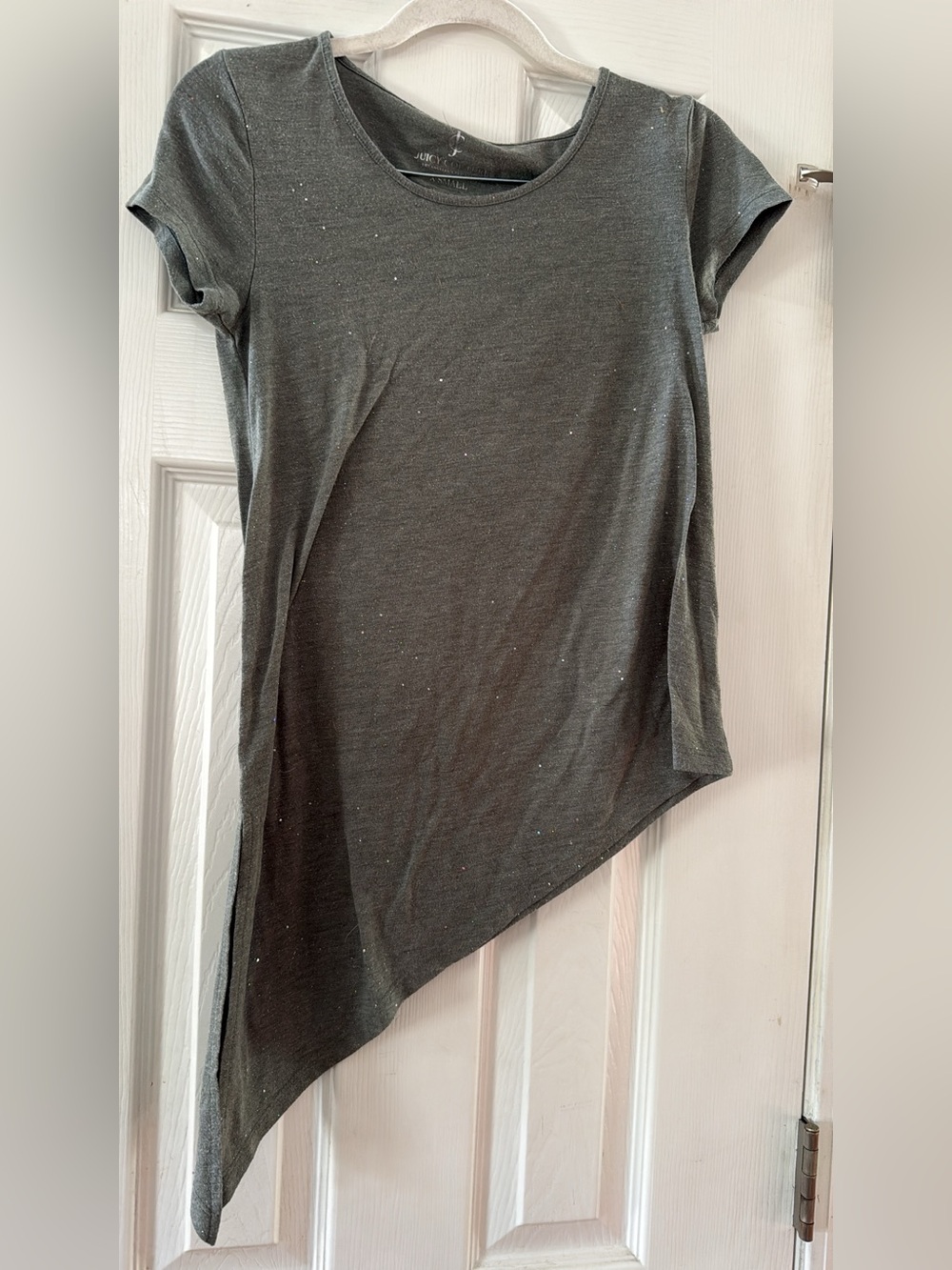 Juicy Couture Asymmetric Hem Short Sleeve Tee in Charcoal with Silver Sparkle
